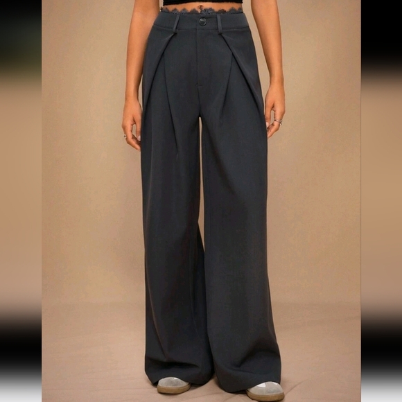 Women's Solid Color High Waist Lace Splice Pleated Wide Leg Elegant Pants - Picture 1 of 5